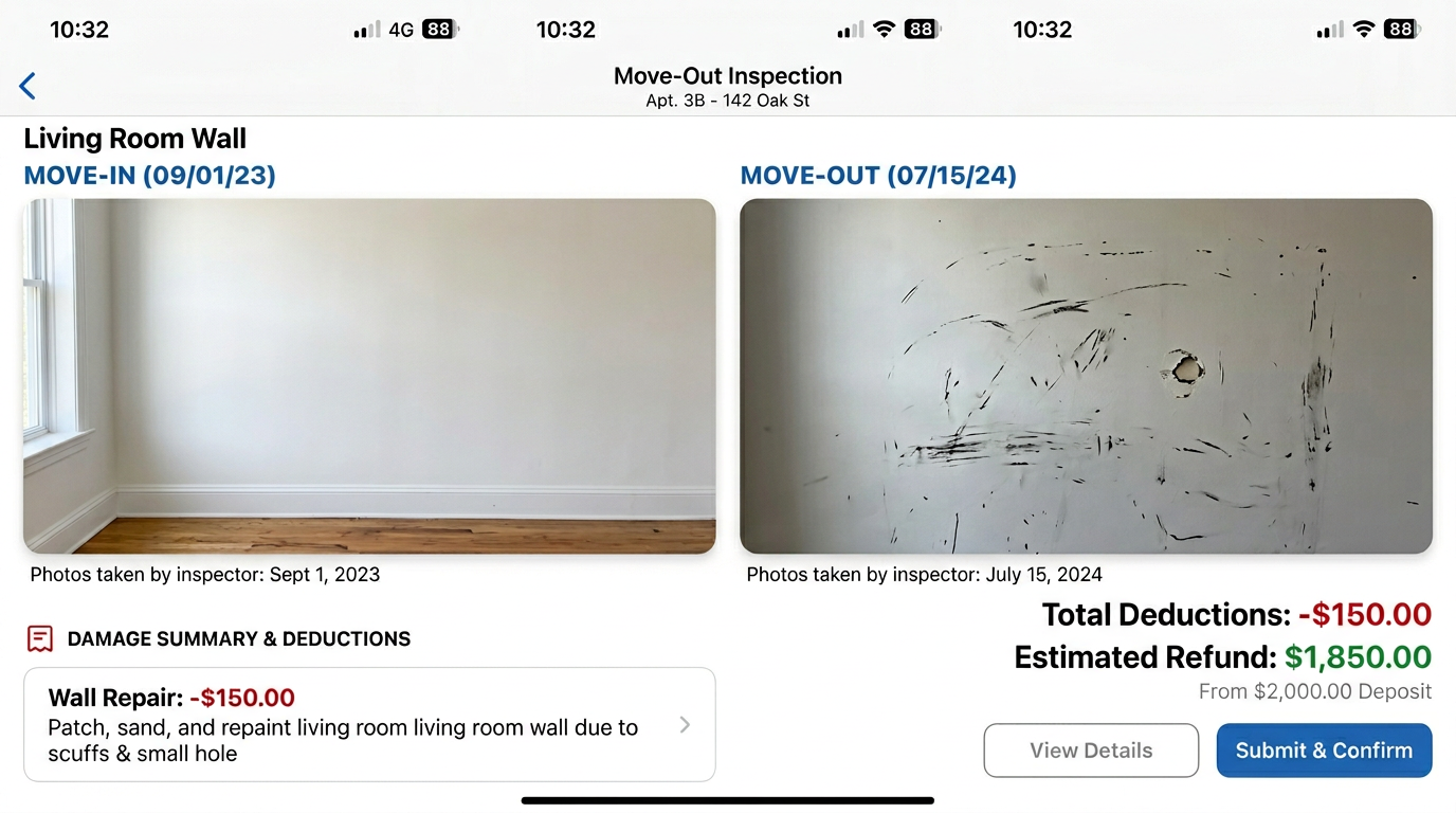 Move-out comparison showing before and after photos with deposit deduction